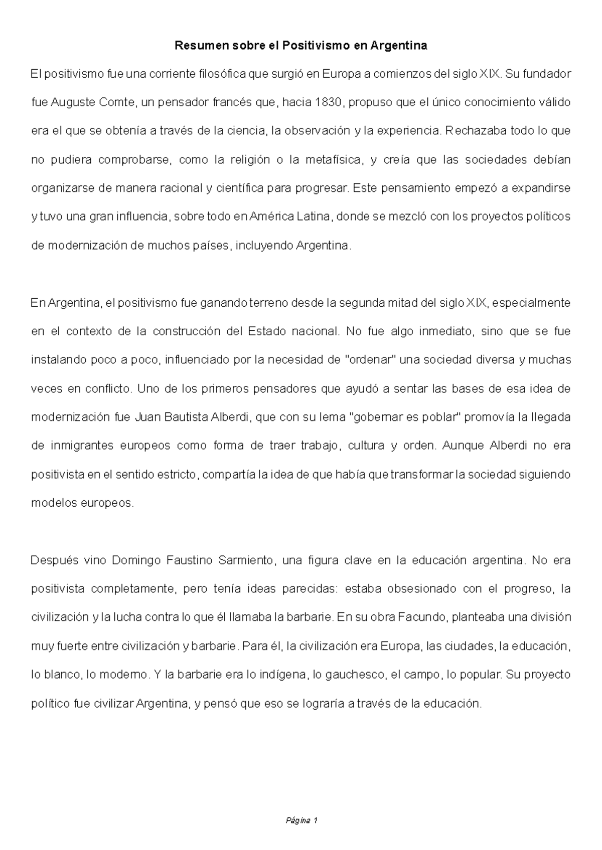 Resumen del Positivismo en Argentina: Influencias y Progreso - Document Preview