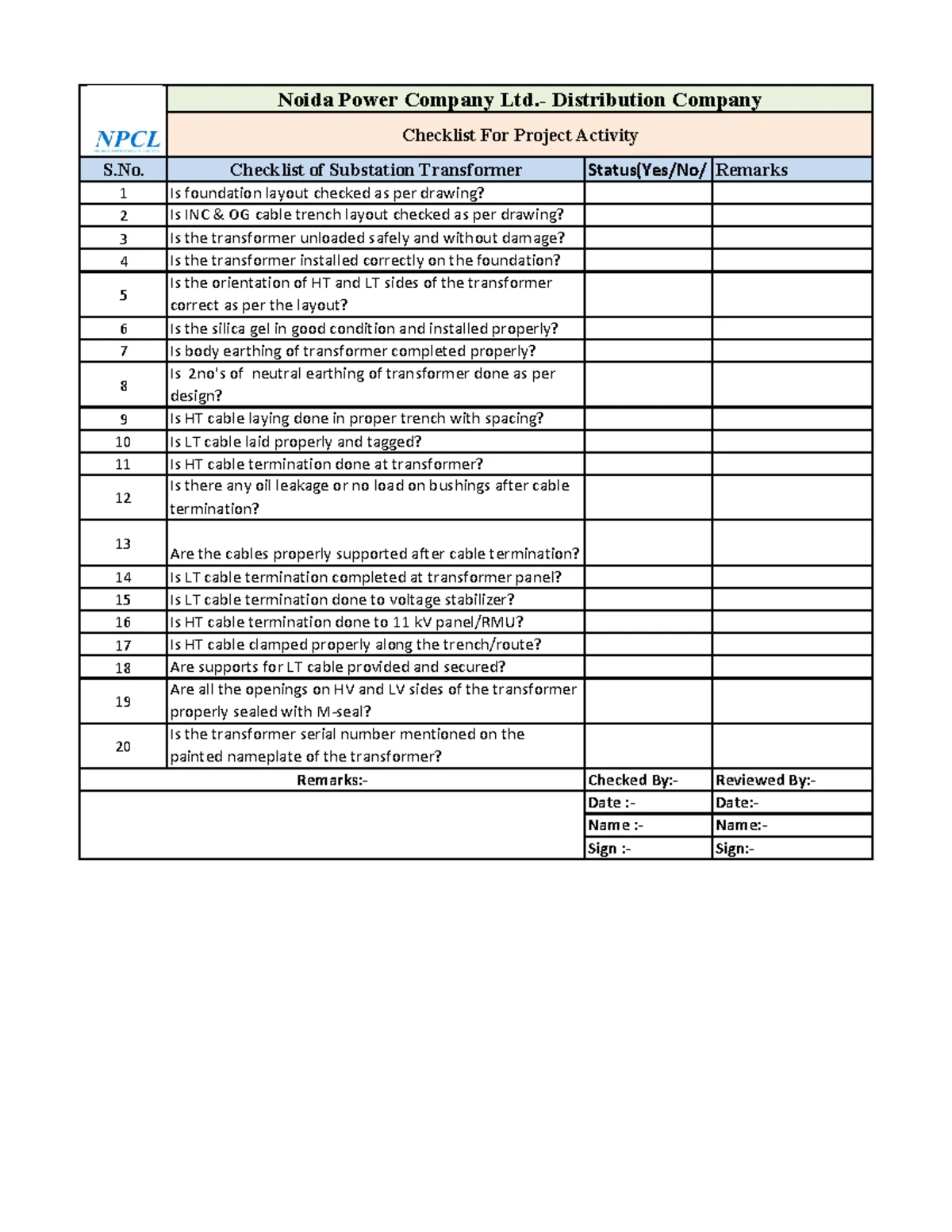 Noida Power Co. Distribution Project Checklist: Cable Laying - Studocu