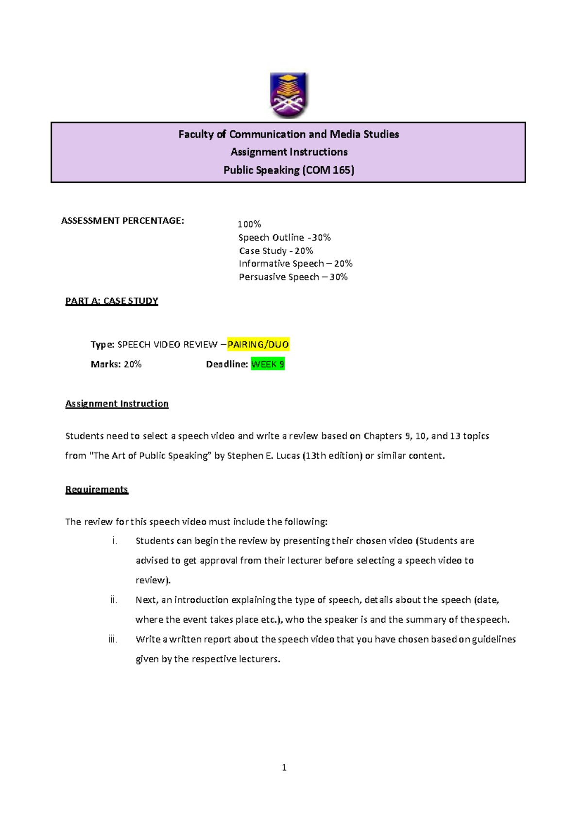 Assignment Instructions for Speech Video Review (COM 165) - Studocu