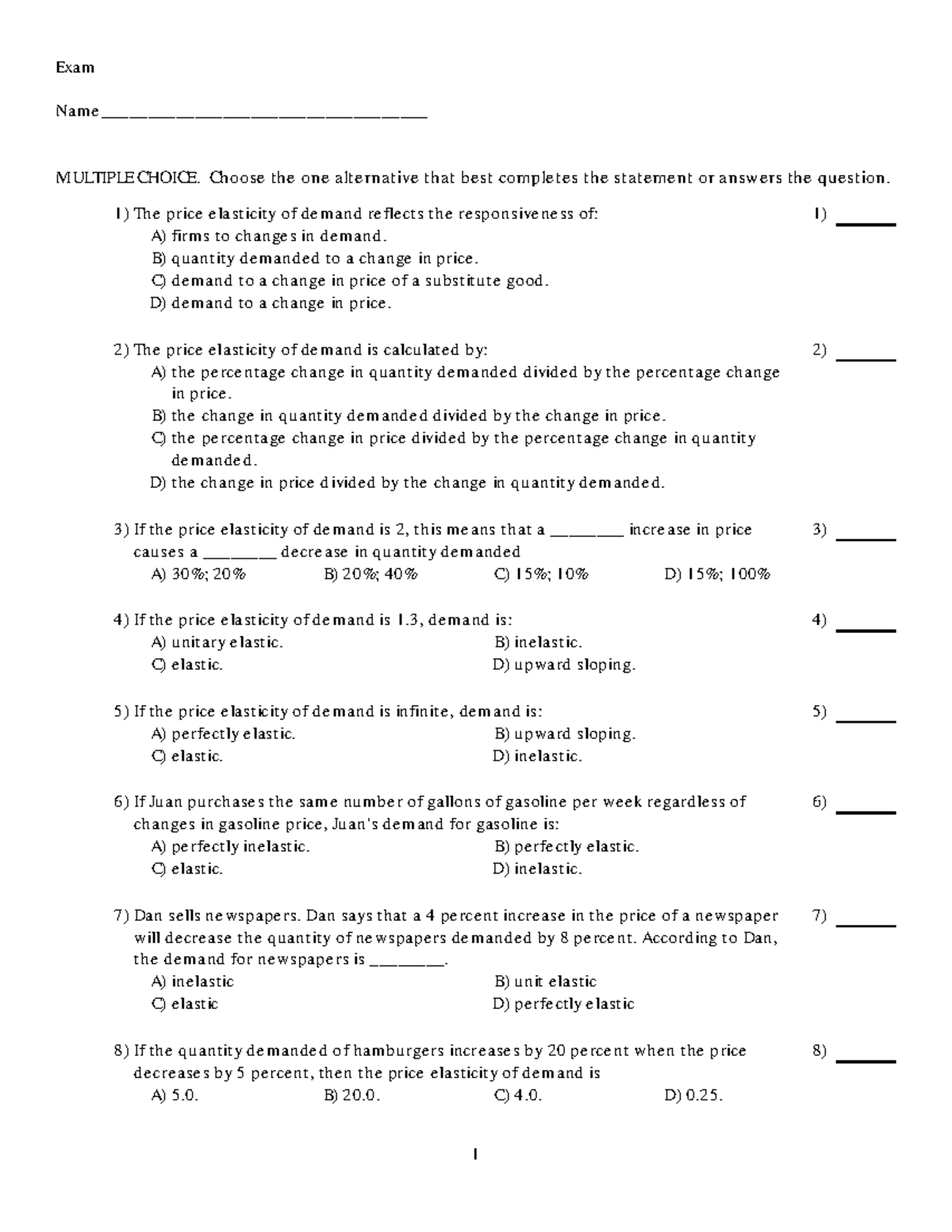 ECON 101 Midterm Exam: Price Elasticity of Demand - Studocu