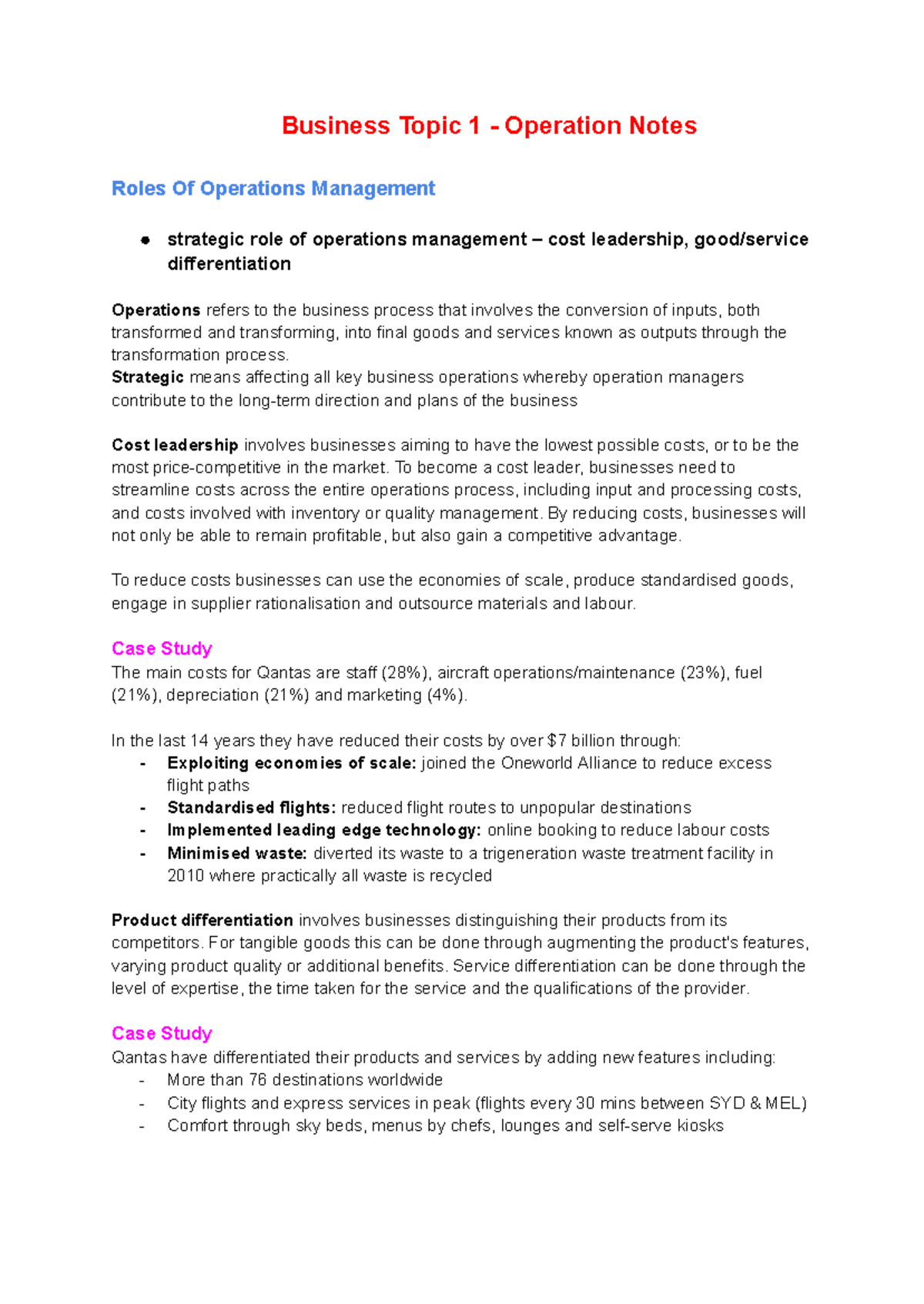 BUS 101: Operations Management Notes on Strategic Roles and Cost ...