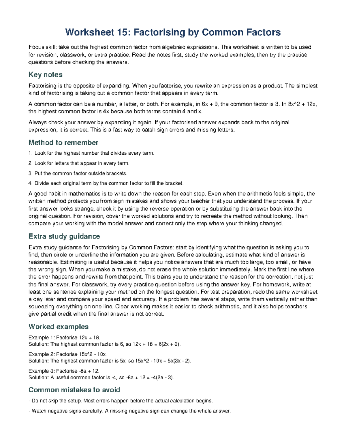 Worksheet 15: Factorising Common Factors - Revision & Practice - Studocu