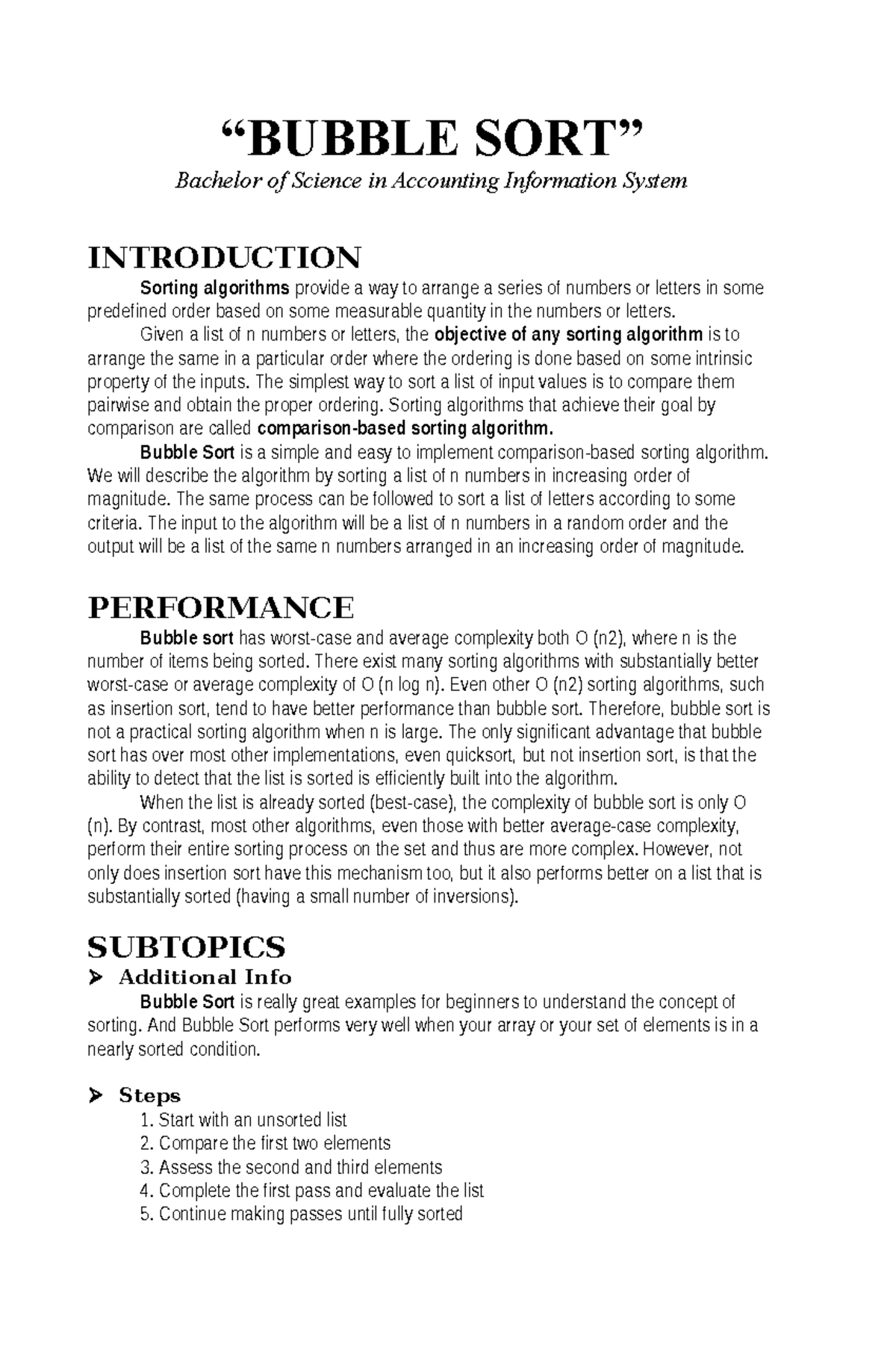 Bubble Sort Overview and Algorithm Analysis for BSC-Acc IS Students ...