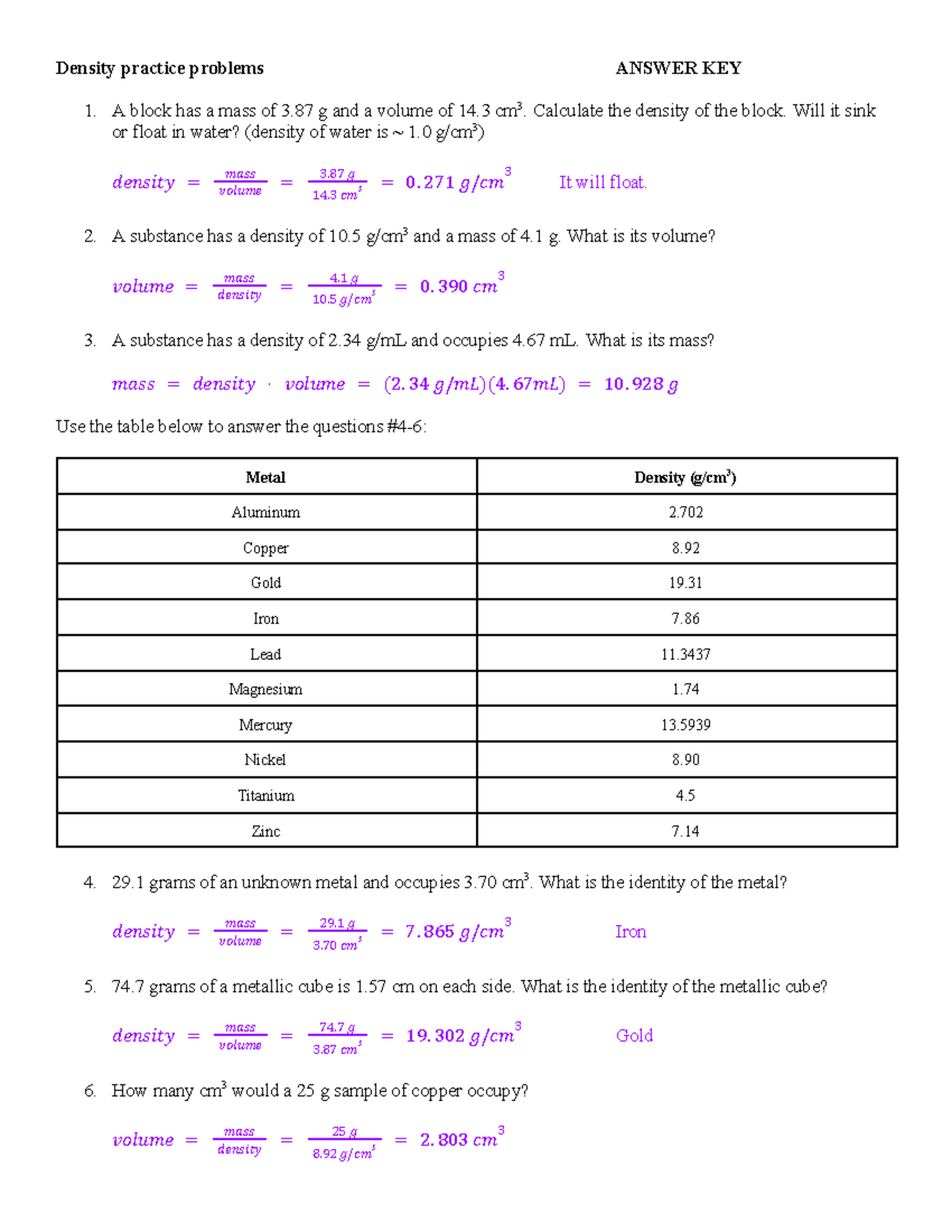 Density Practice Problems 2024 Answer Key - Studocu