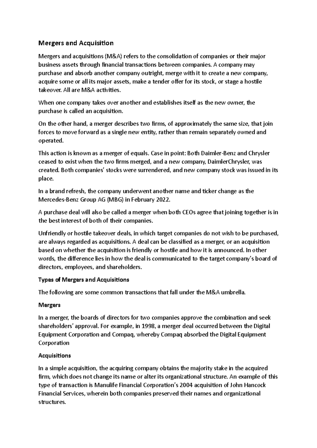 M&A: Detailed Overview of Mergers & Acquisitions Processes - Studocu