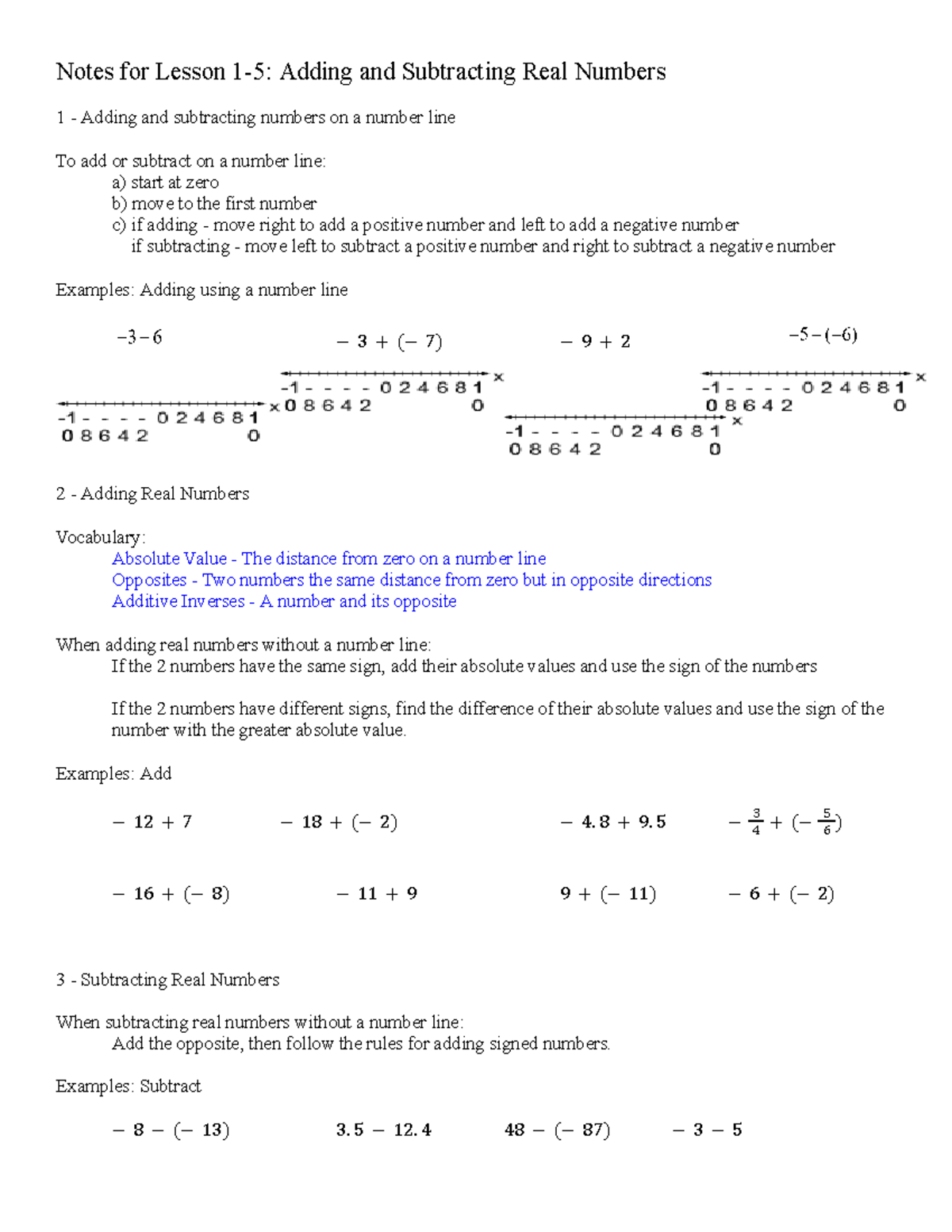 Lesson 1-5: Easy Algebra - Adding & Subtracting Real Numbers - Studocu