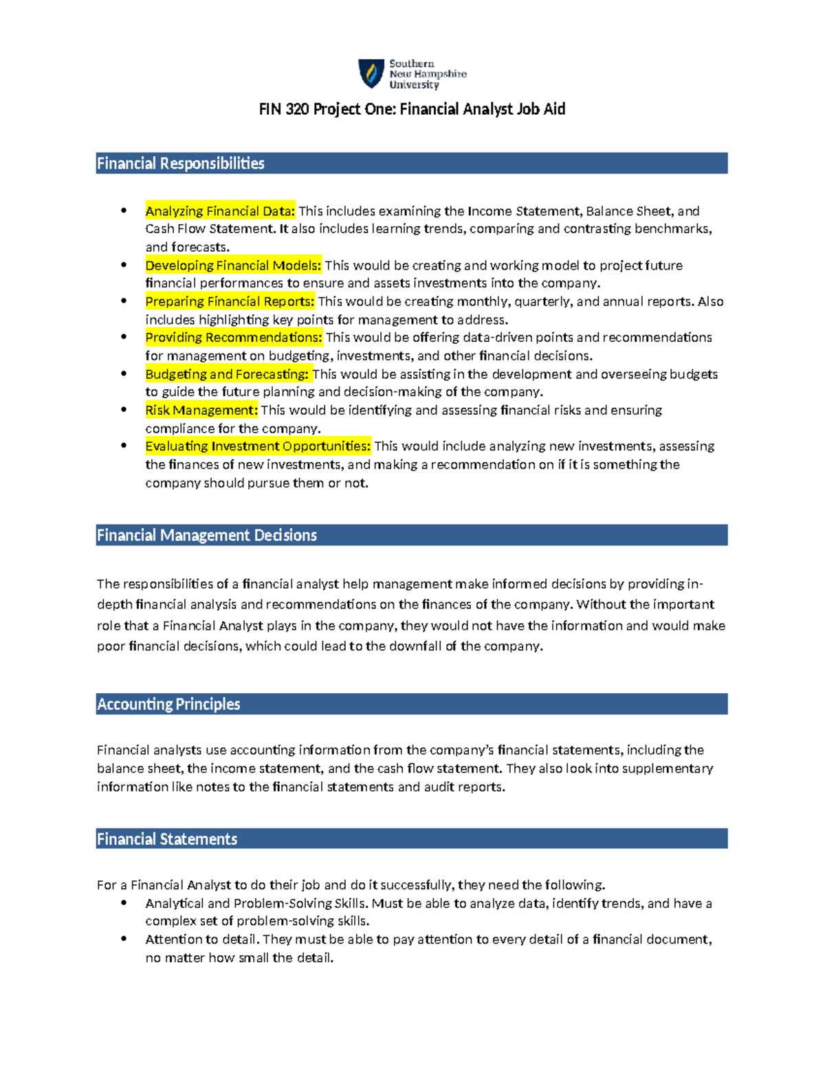 FIN 320 Project One: Financial Analyst Responsibilities & Insights ...