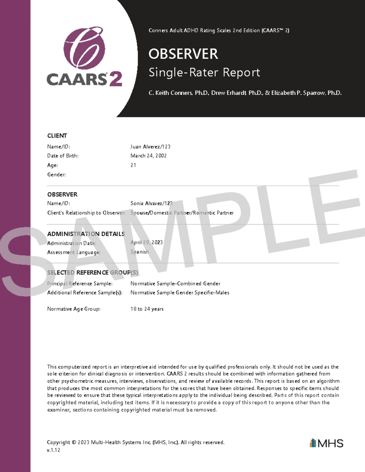 CAARS 2 Observer Report: ADHD Assessment for Juan (Age 21) - Studocu