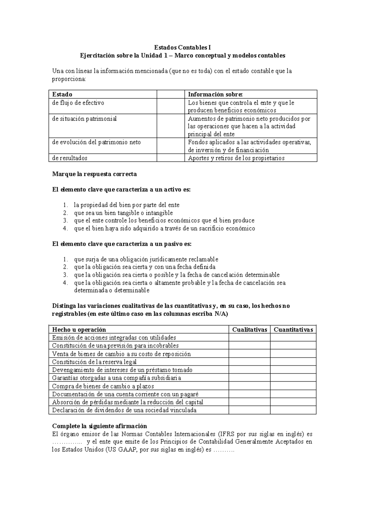 Estados Contables I: Ejercitación Unidad 1 - Marco Conceptual y Modelos ...