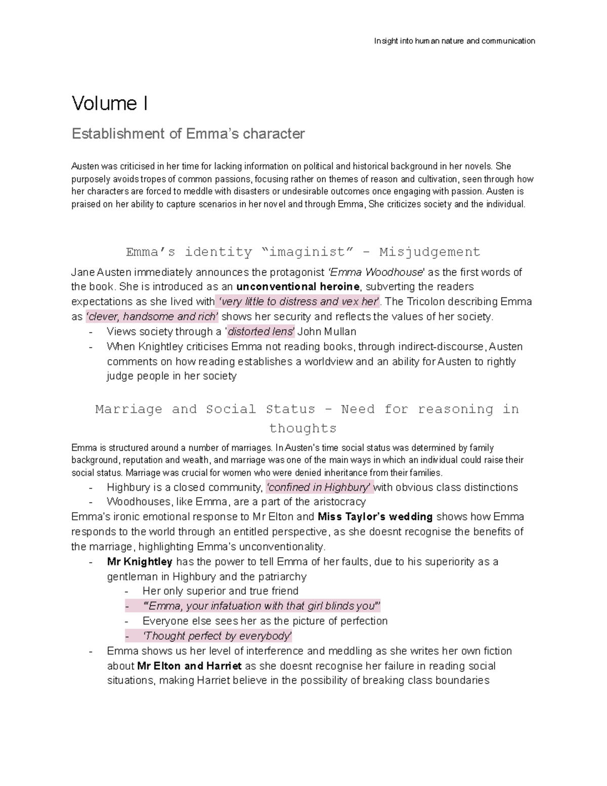 Notes on Emma by Jane Austen: Insights into Character & Society - Studocu