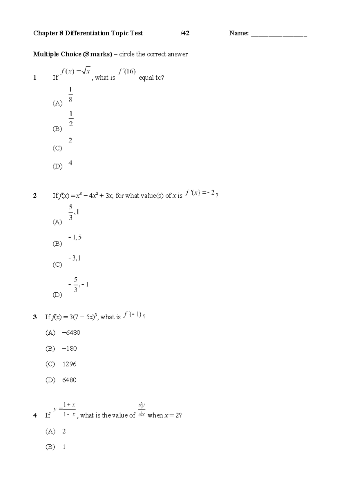 2026 11MAA Chapter 8 Differentiation Topic Test - MCQ & Short Answer ...