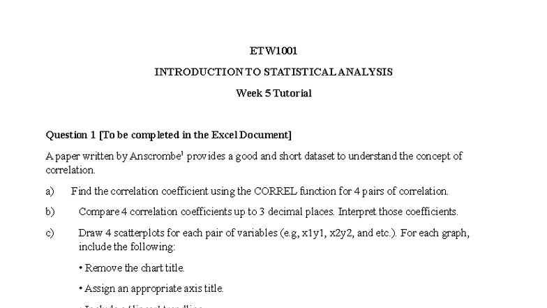 ETW1001 Statistical Analysis Week 5 Tutorial Questions and Exercises ...
