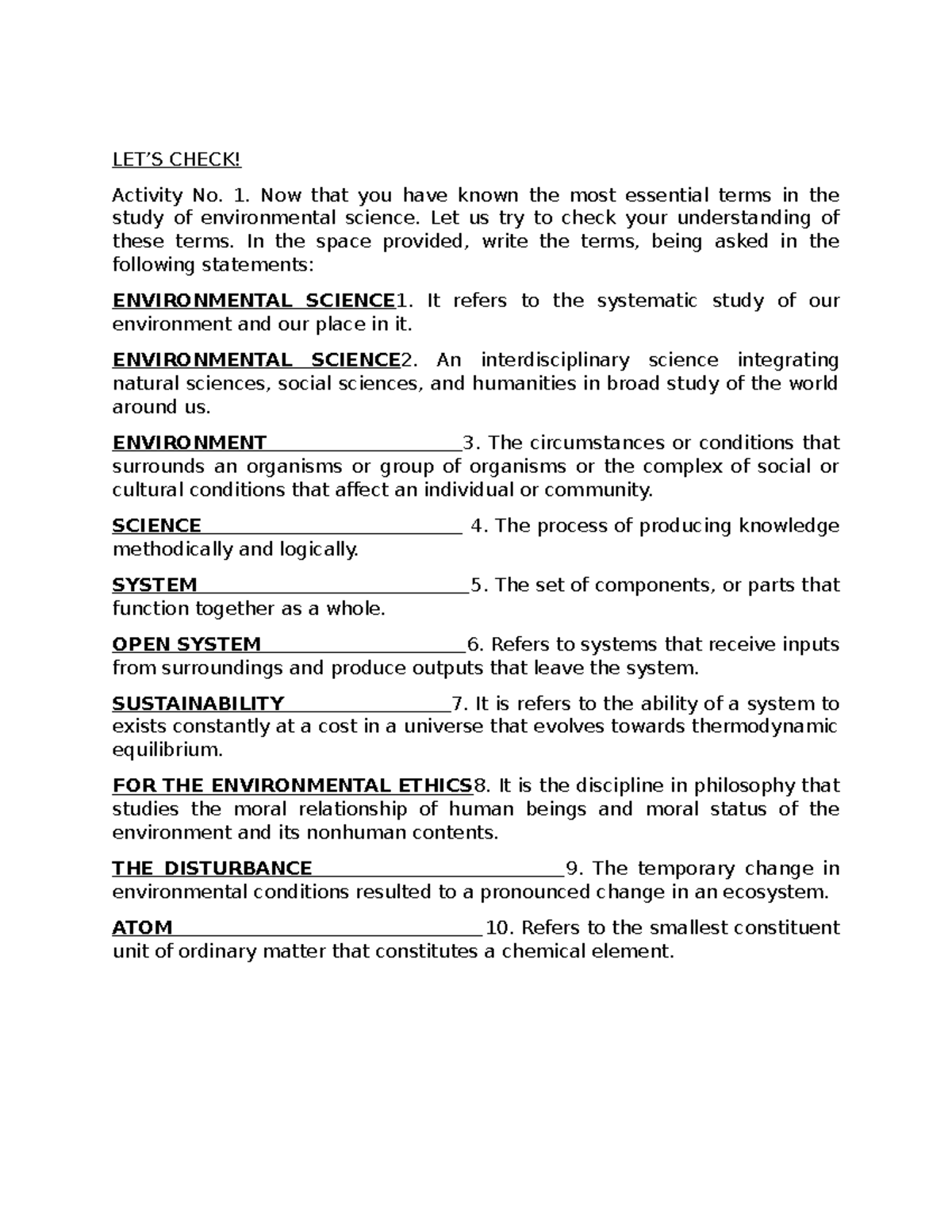 ENVI 101 - Check Your Understanding: Key Terms in Environmental Science ...