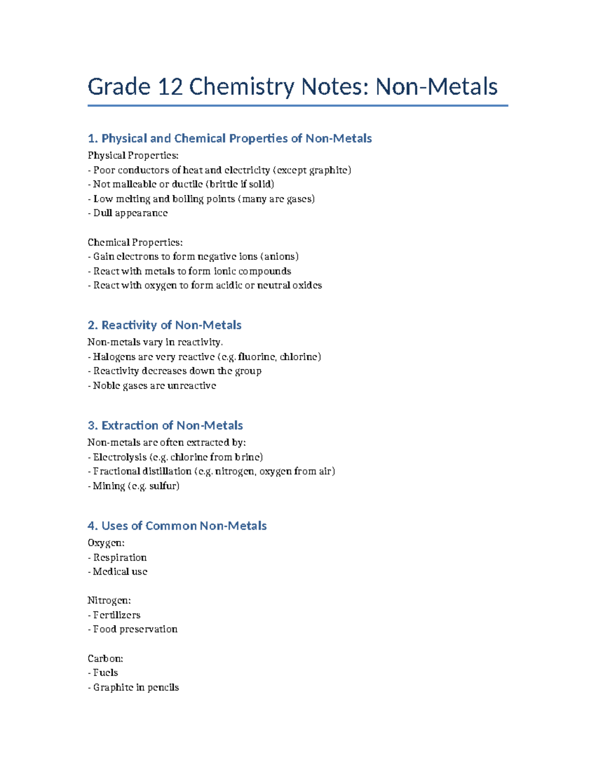 Grade 12 Chemistry Notes: Non-Metals Properties and Uses - Studocu