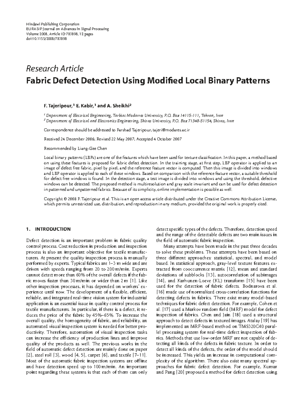 Fabric Defect Detection Using Modified LBP Techniques (EE 2008) - Studocu