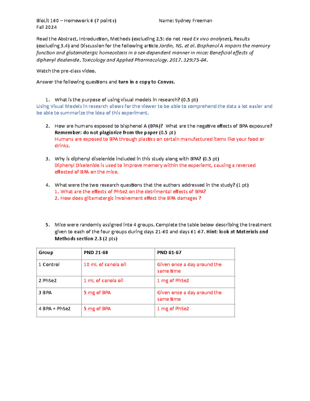 Bio Lit 160 - HW 6 - Pre-Class Assignment on BPA Research Findings ...