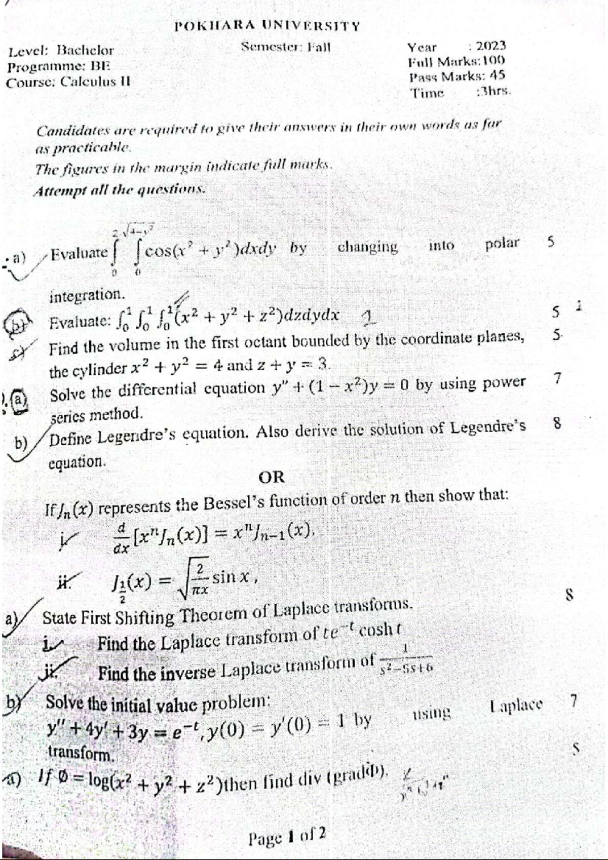 Calculus II (BE) Fall 2023: Old Exam Questions and Solutions - Studocu