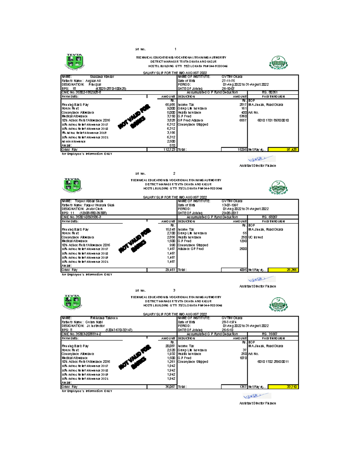 TEVTA Employee Salary Slip For August 2022 No Director Office Studocu