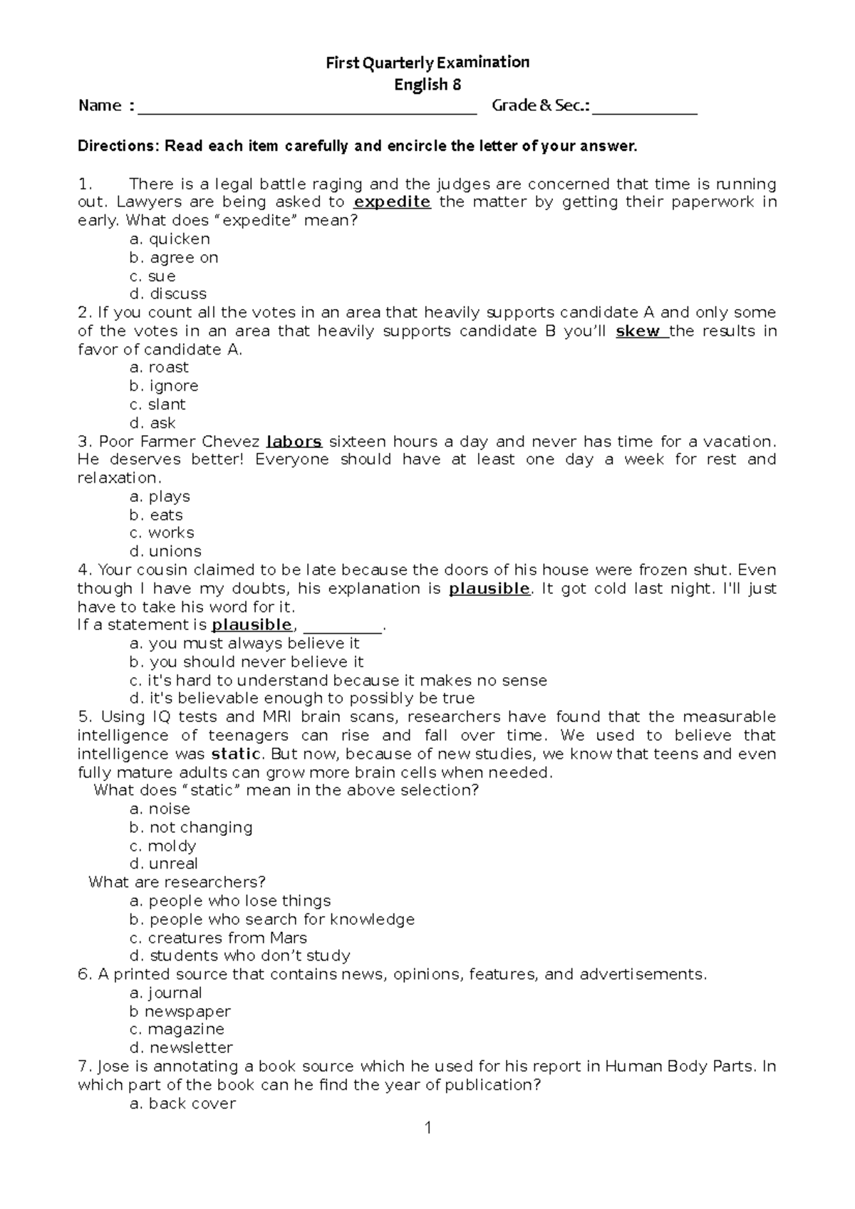 English 8 - First Quarterly Examination Review Guide - Studocu