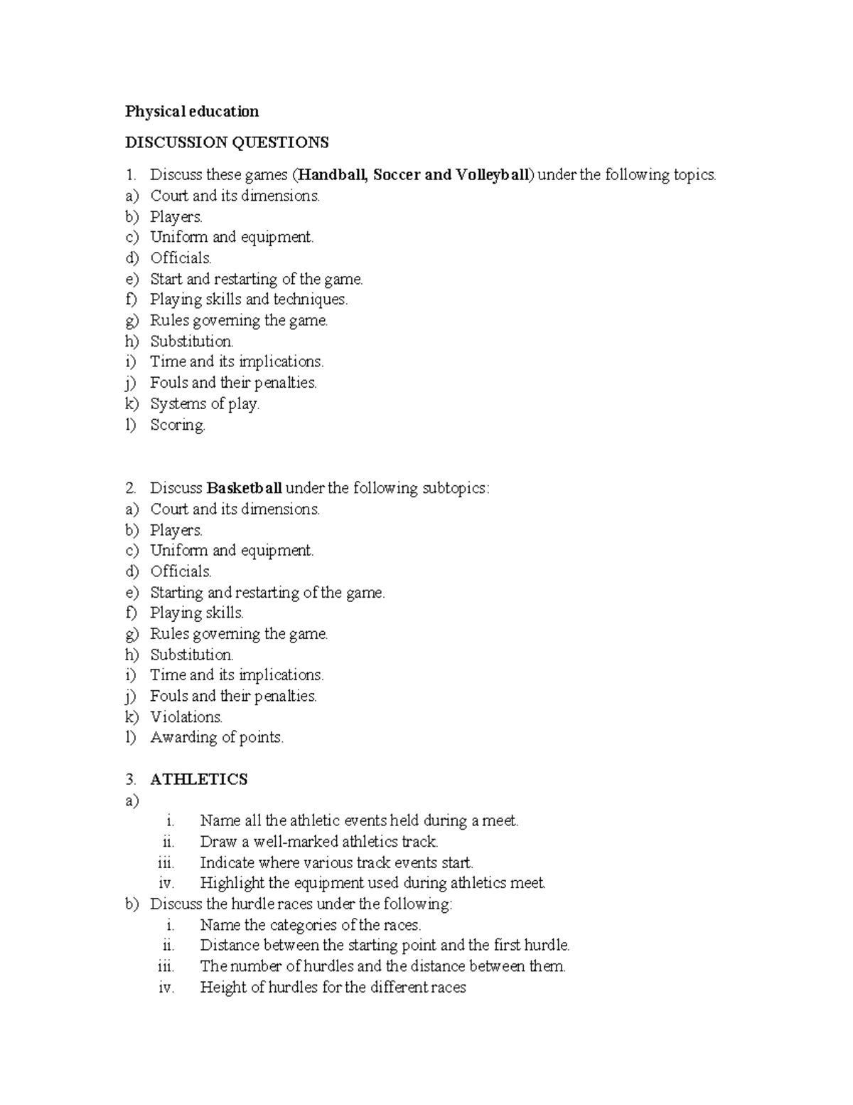 PE Discussion Questions: Games & Athletics Overview - Studocu