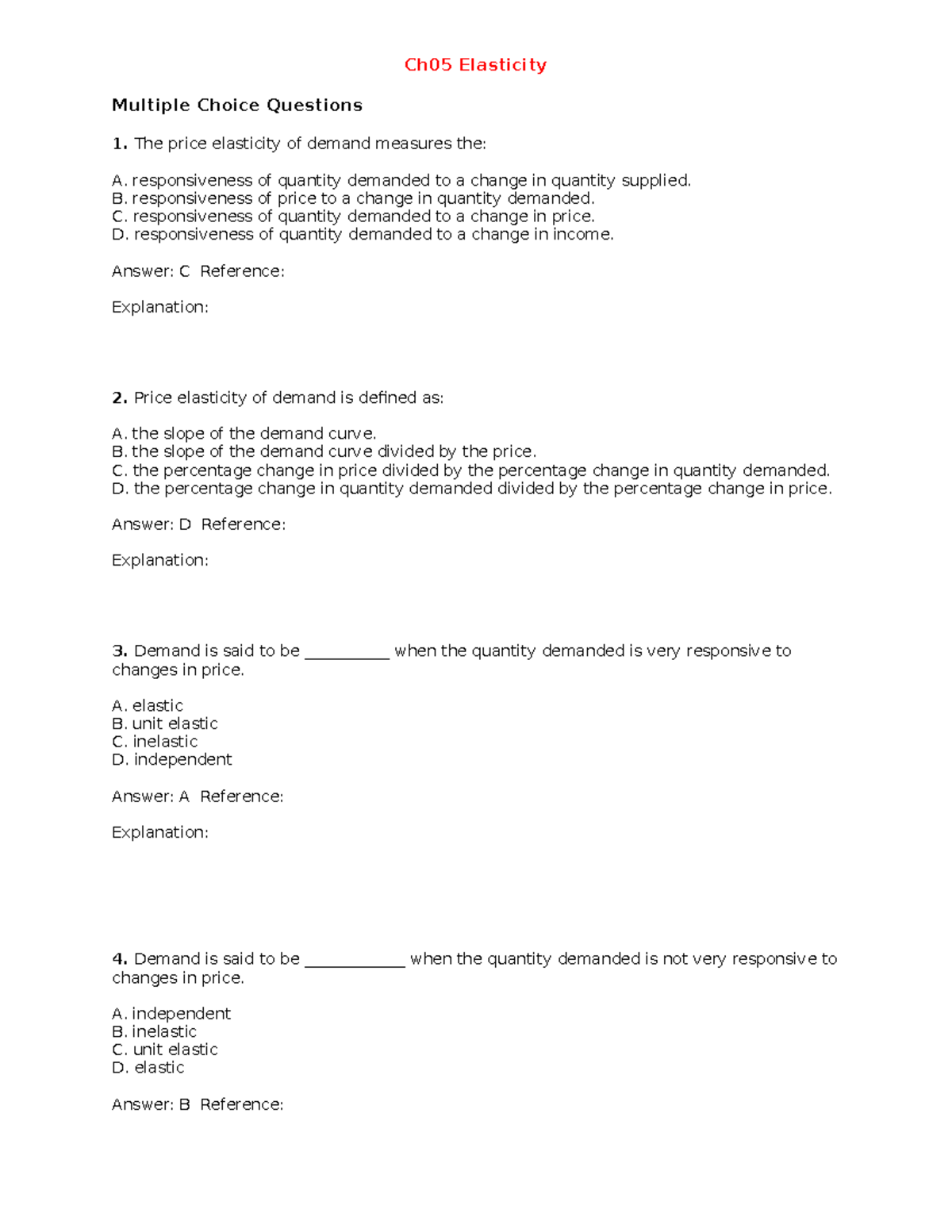 CH 5 Elasticity - ECON 1101 Chapter 5 - Ch05 Elasticity Multiple Choice ...