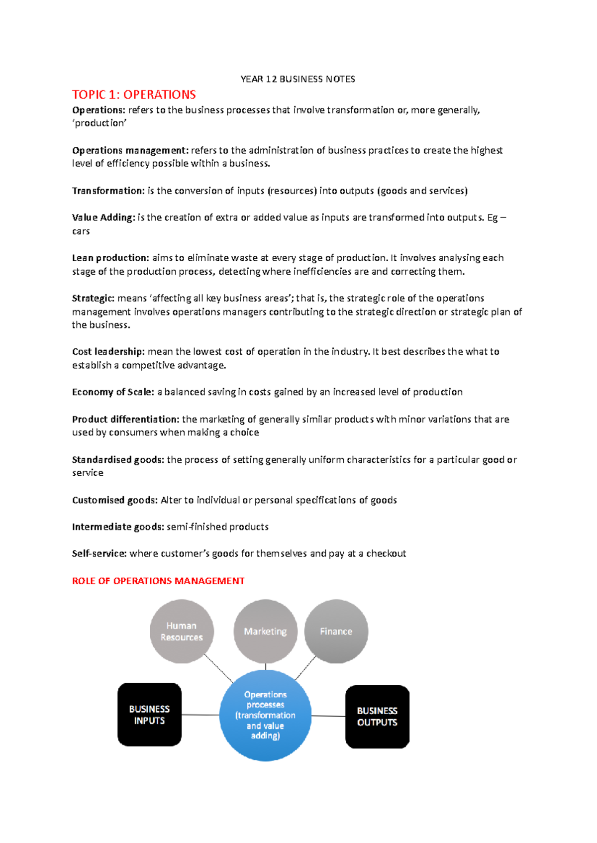 YEAR 12 Business Operations Management Notes: Key Concepts & Strategies ...