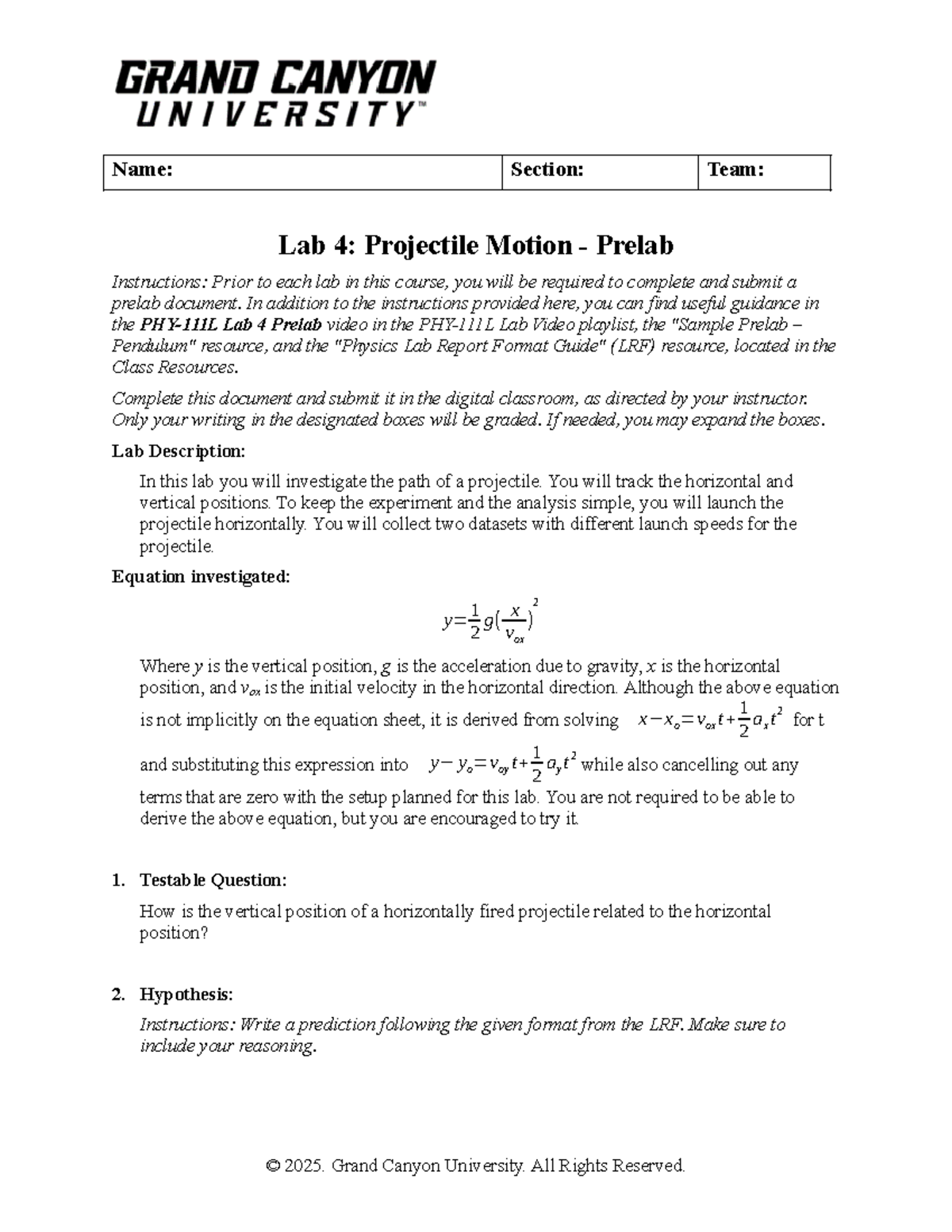 PHY111L RS T2 Lab 4: Projectile Motion Prelab Instructions - Studocu