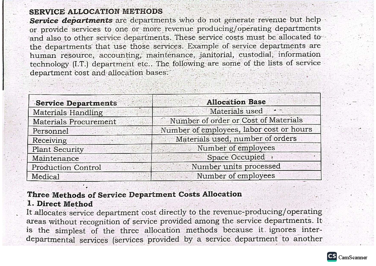 Service Cost Allocation Methods: A Comprehensive Overview CS - Studocu