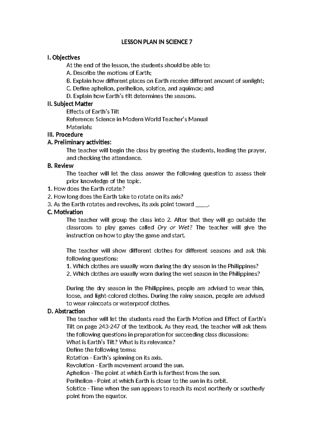 Detailed Lesson Plan in Science 7: Earth's Motion & Seasons - Studocu