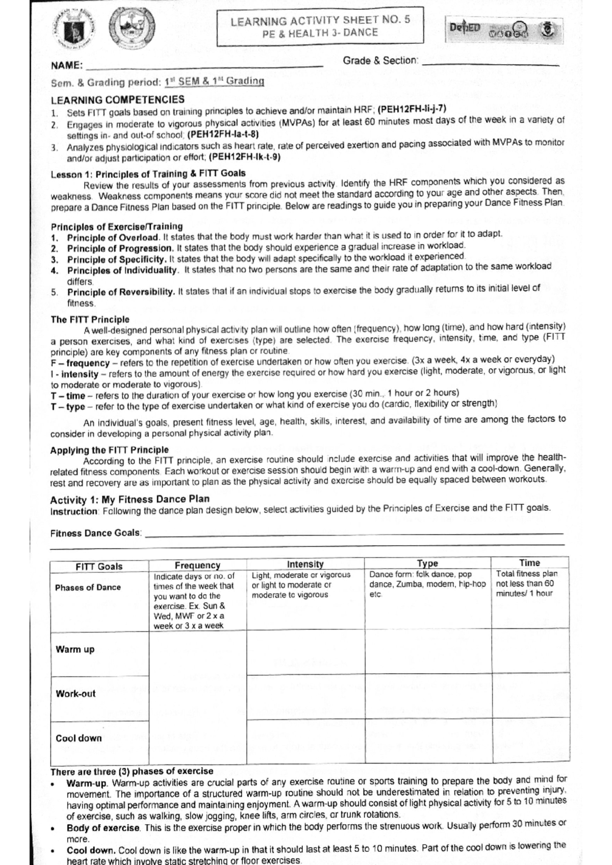 C O Learning Activity Sheet No. 5: PE Health Dance Fitness Plan - Studocu