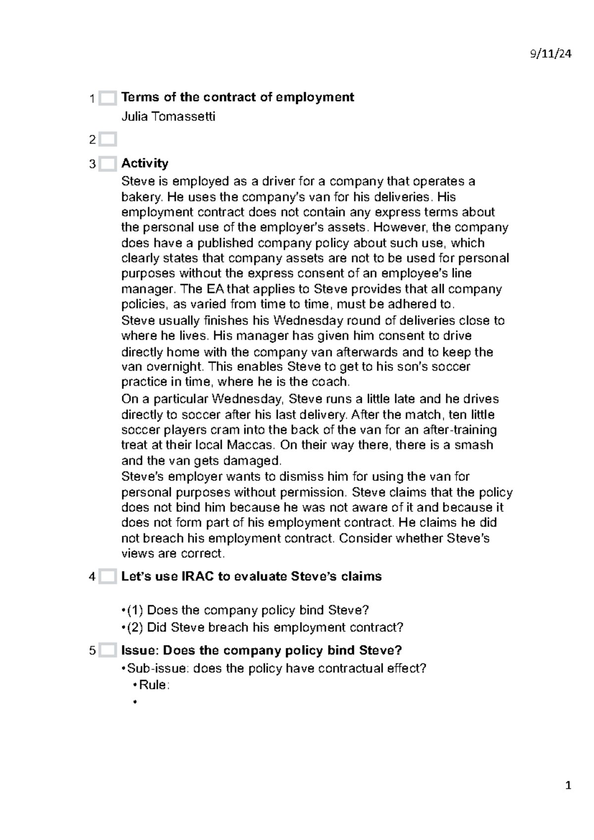 Week 5 Class Provisional: Employment Contract Issues & Responsibilities ...