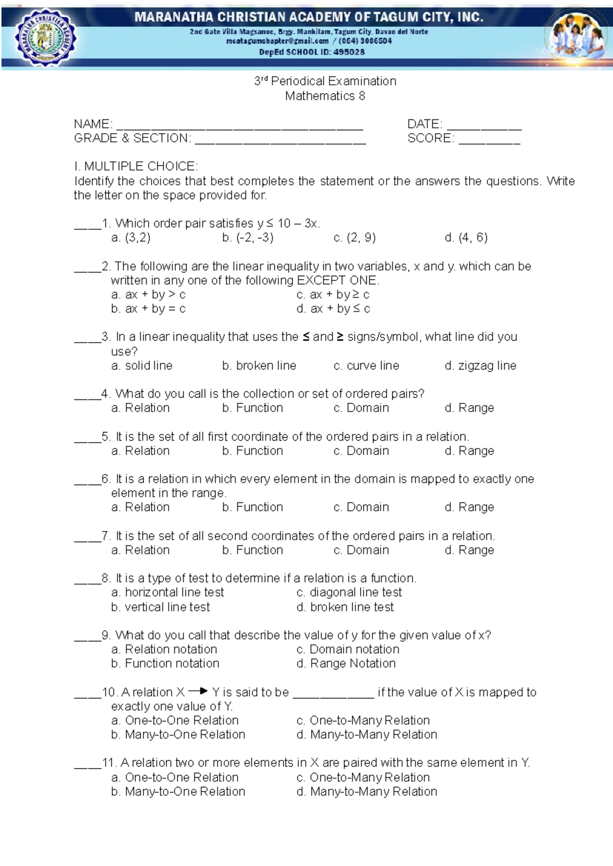 Mathematics 8 - 3rd Periodical Exam Review and Guide - Studocu