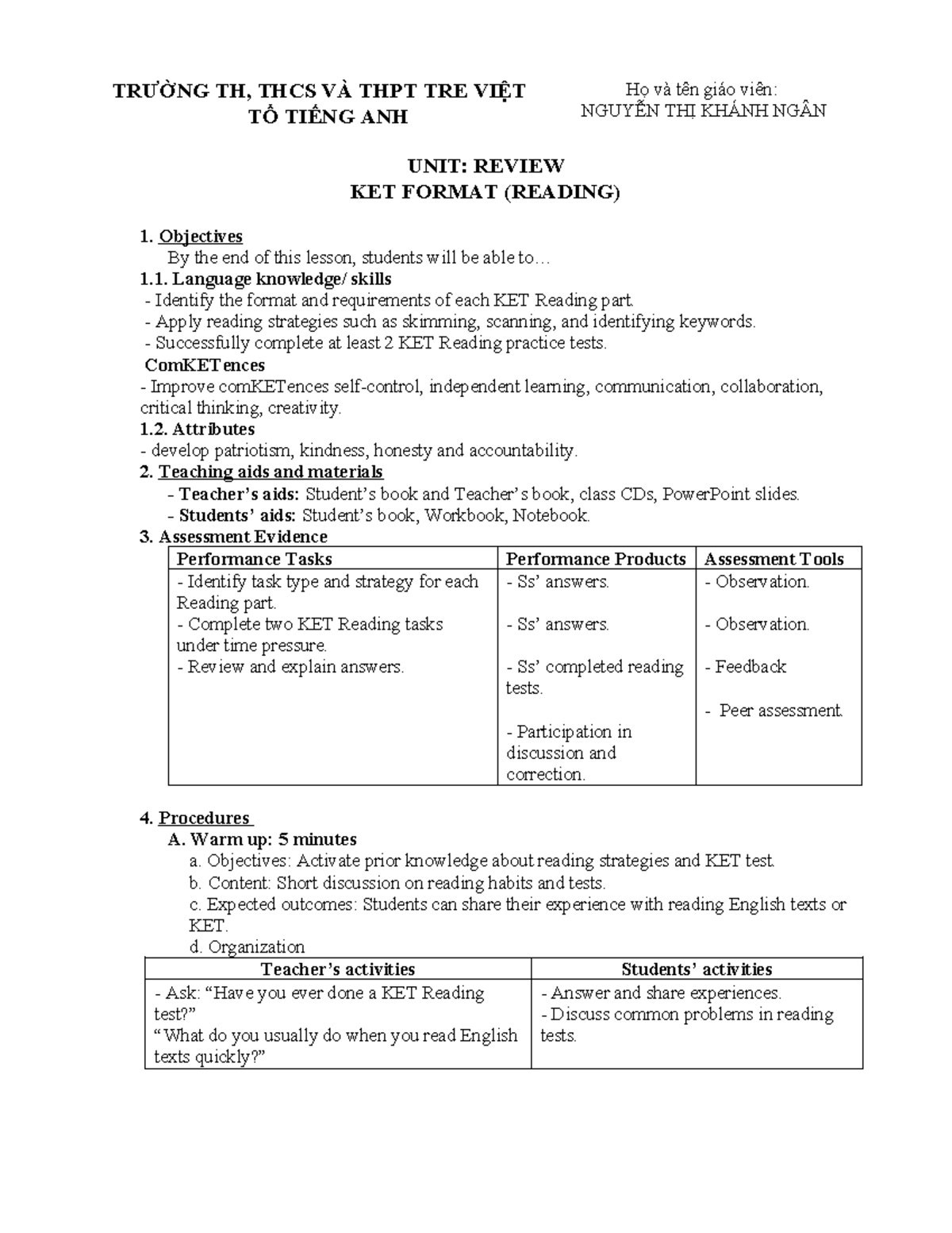 K6 WEEK 2: KET Reading Format Review and Practice - Studocu
