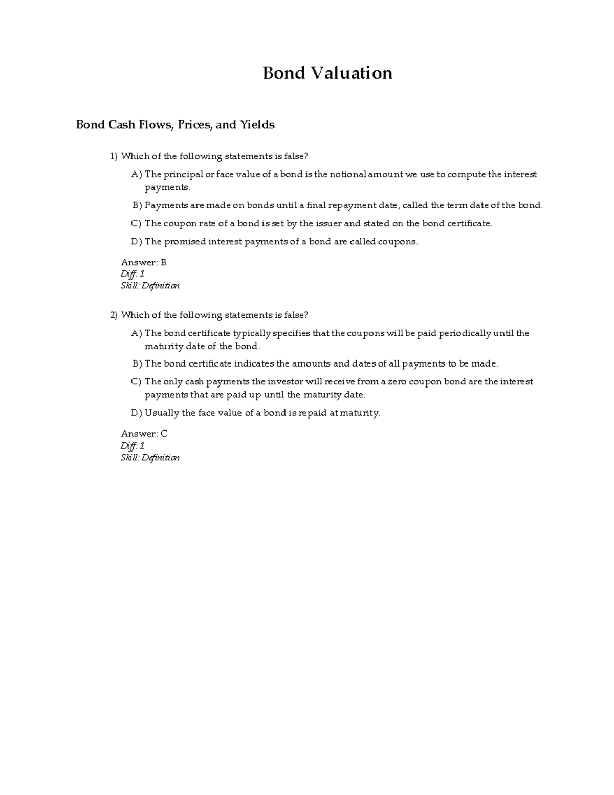 Bond Valuation Study Questions and Answers (Finance 301) - Studocu