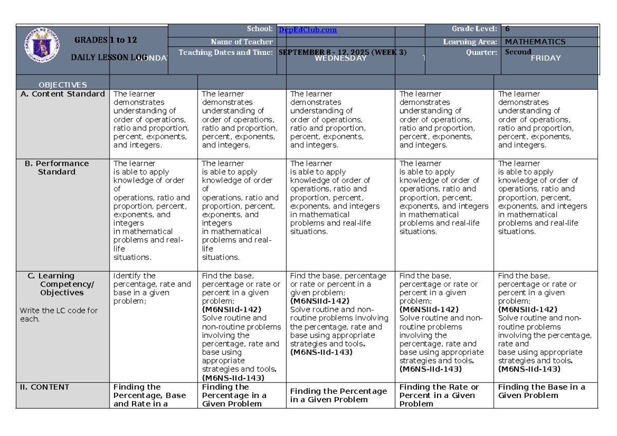 DLL Mathematics 6 Q2 W3 - Daily Lesson Log Objectives - Studocu
