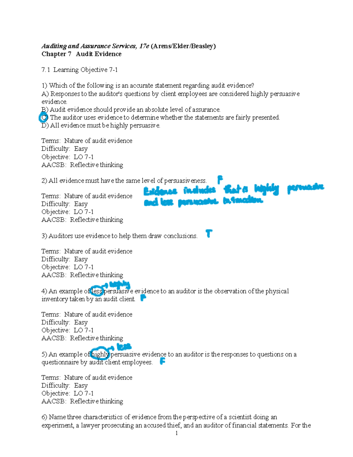 Chapter 7 Audit Evidence Review - ACC 401 Final Exam Prep - Studocu