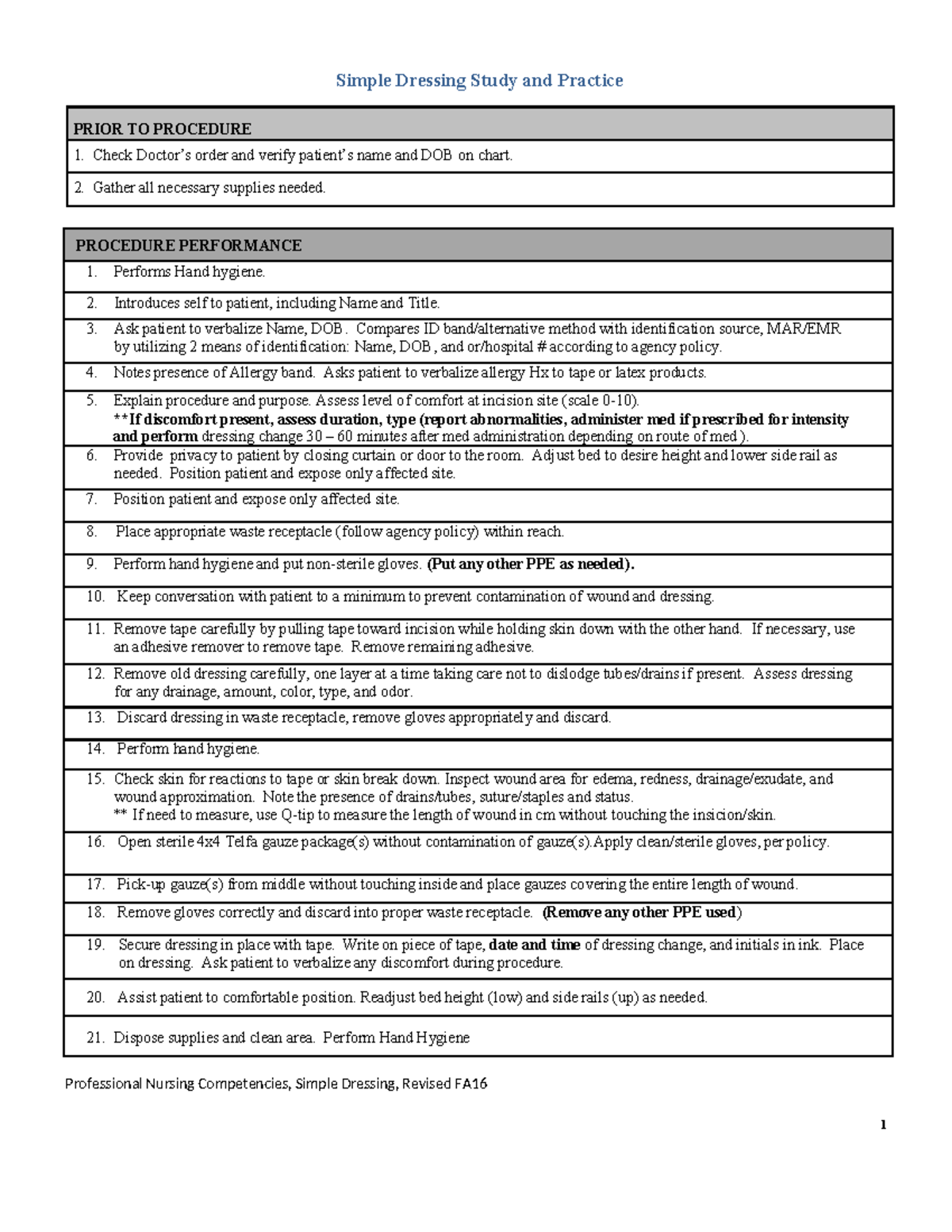 Simple Dressing Procedure Guide - Nursing Competencies FA16 - Studocu