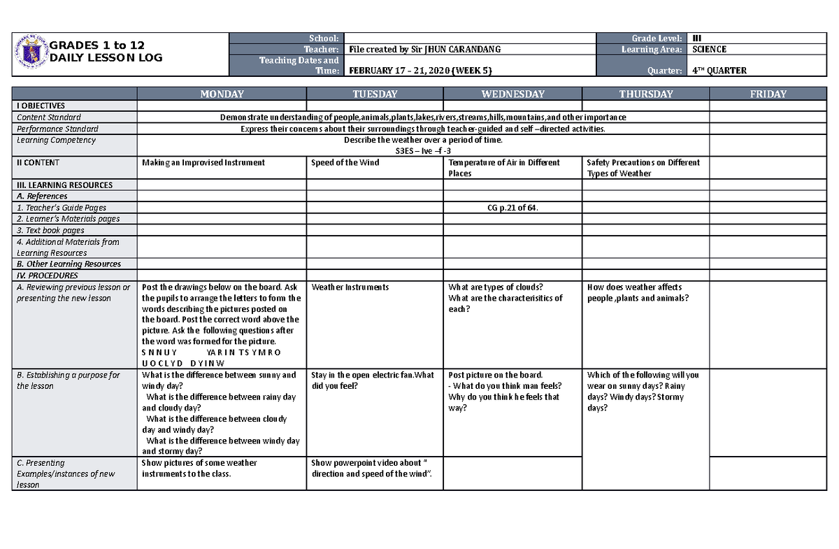 Grade 3 Science DLL Q4 W5: Weather Instruments & Concepts - Studocu