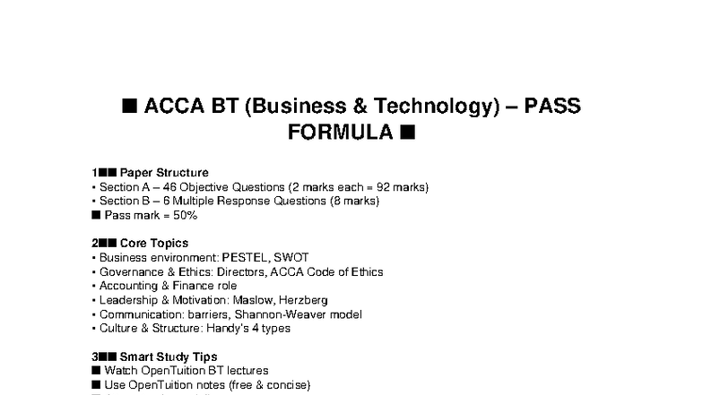 ACCA BT Exam Pass Formula: Key Topics & Study Tips - Studocu