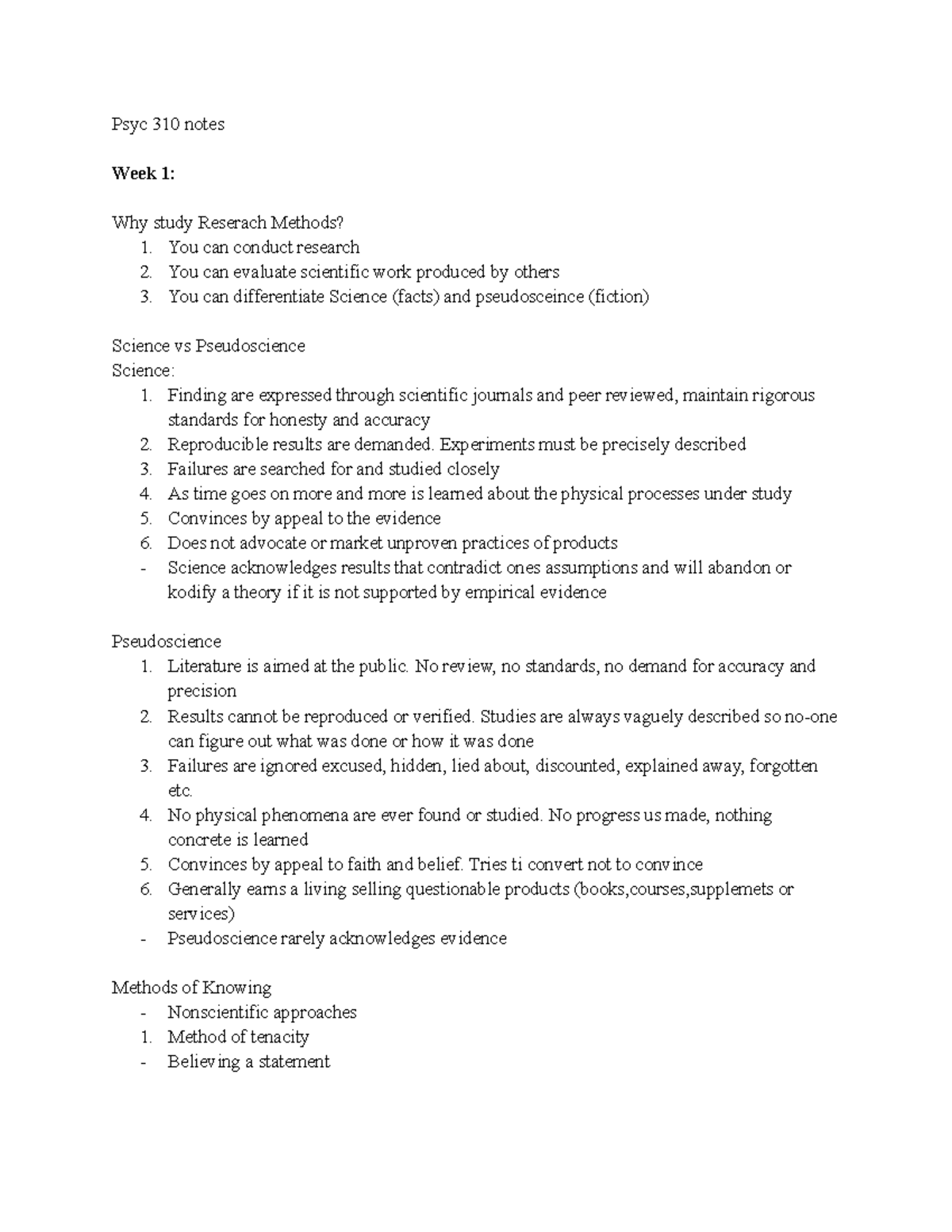 Psyc 310 Week 1 Notes: Understanding Research Methods vs Pseudoscience ...