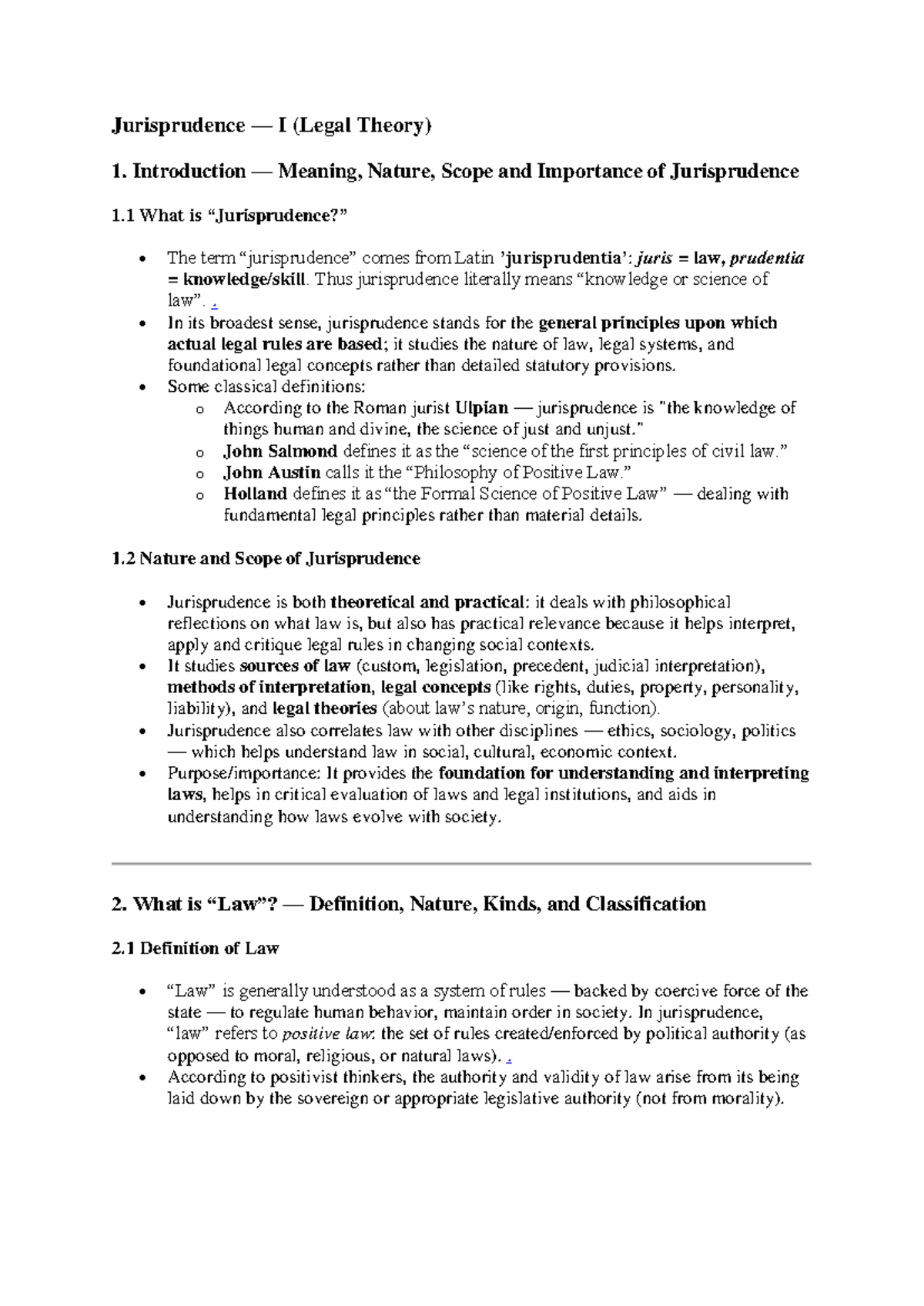 Jurisprudence I (Legal Theory) - Comprehensive Study Notes - Studocu