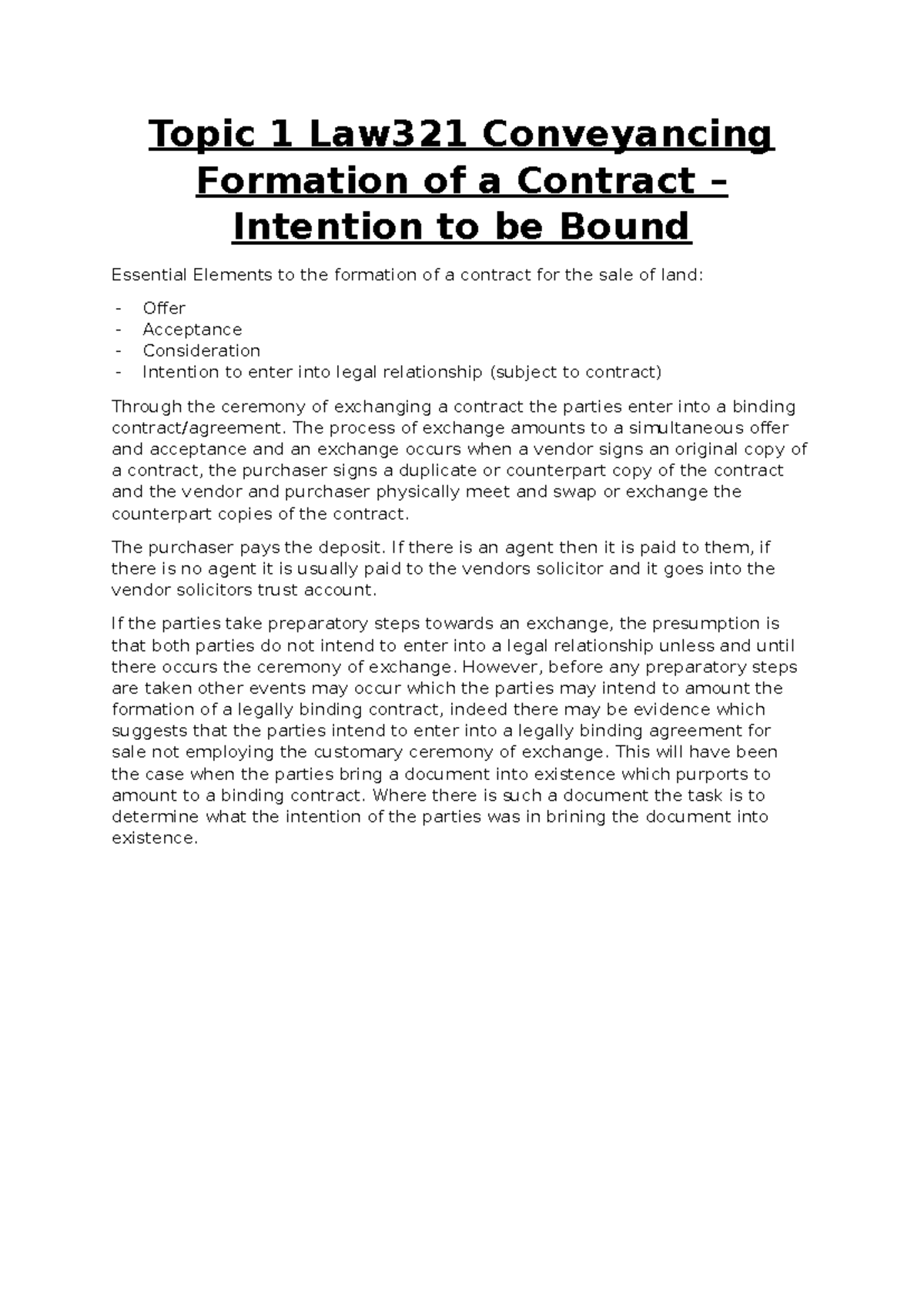 Topic 1 Law321 Conveyancing: Formation of a Contract & Intention to be ...