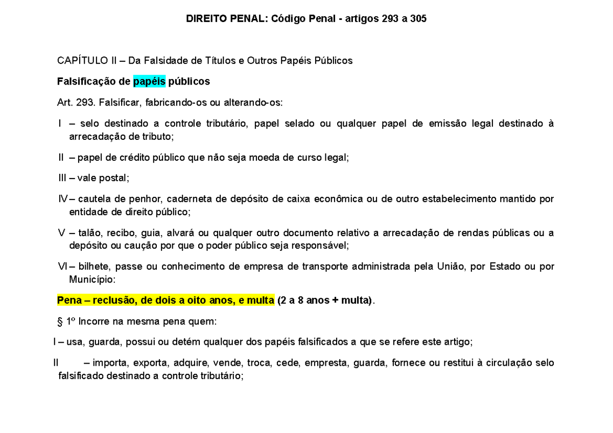 Direito Penal: Artigos 293 a 305 do Código Penal - Falsidade e Sanções ...
