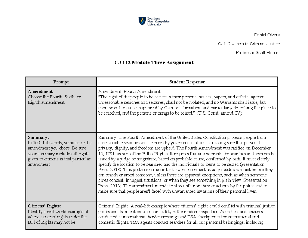 CJ 112 Module Three Assignment: Analysis of the Fourth Amendment - Studocu