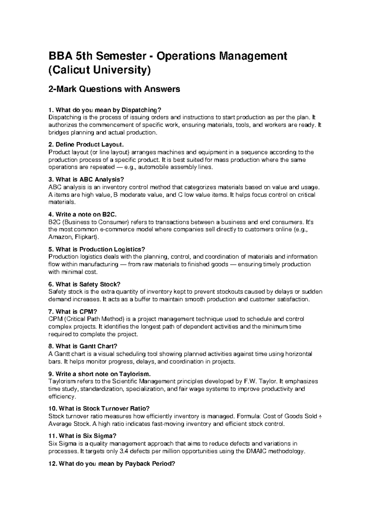 BBA S5 Operations Management 2-Mark Q&A Guide - Studocu