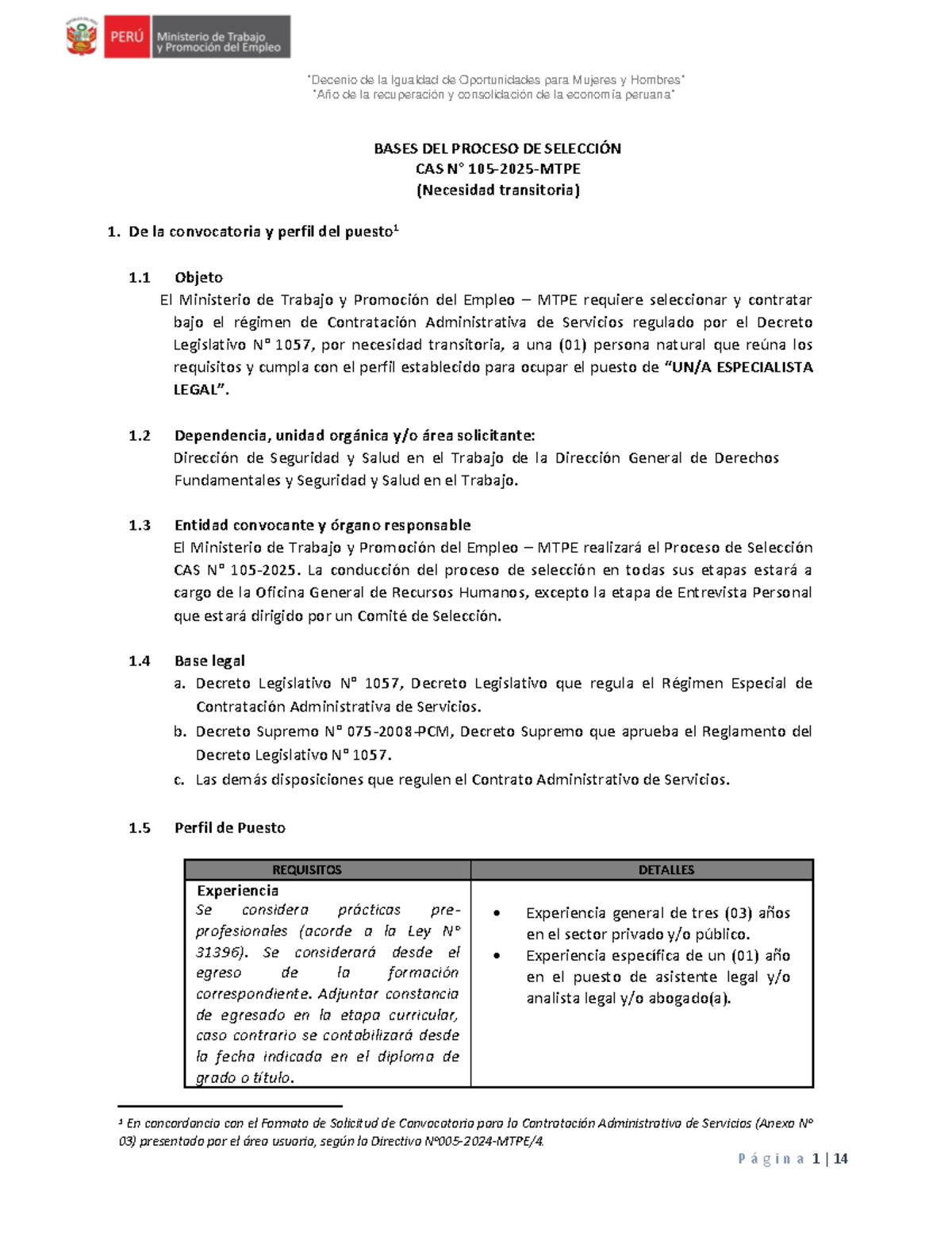 Bases del Proceso de Selección CAS 105/2025 para Especialista Legal ...