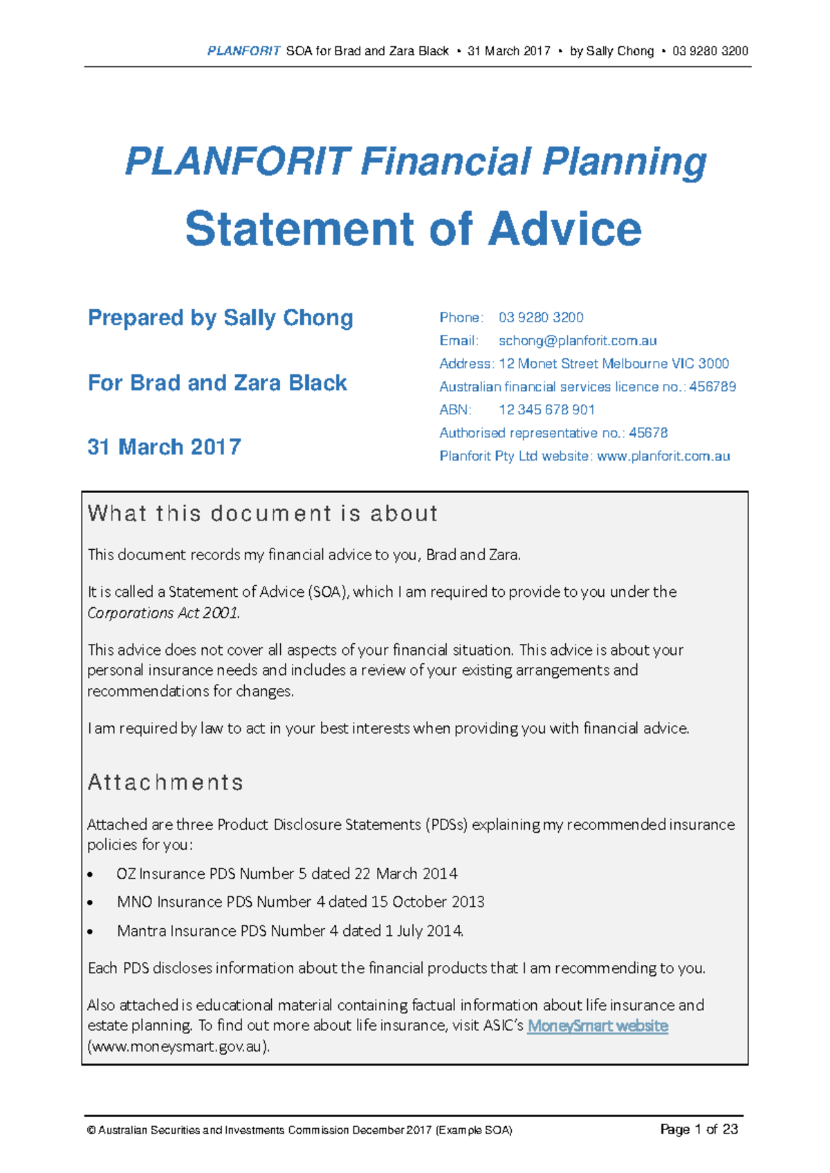 Scaled statement of advice example-1 - PLANFORIT Financial Planning ...