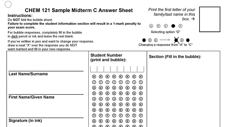 CHEM 121 Sample Midterm C Answer Sheet Instructions - Studocu