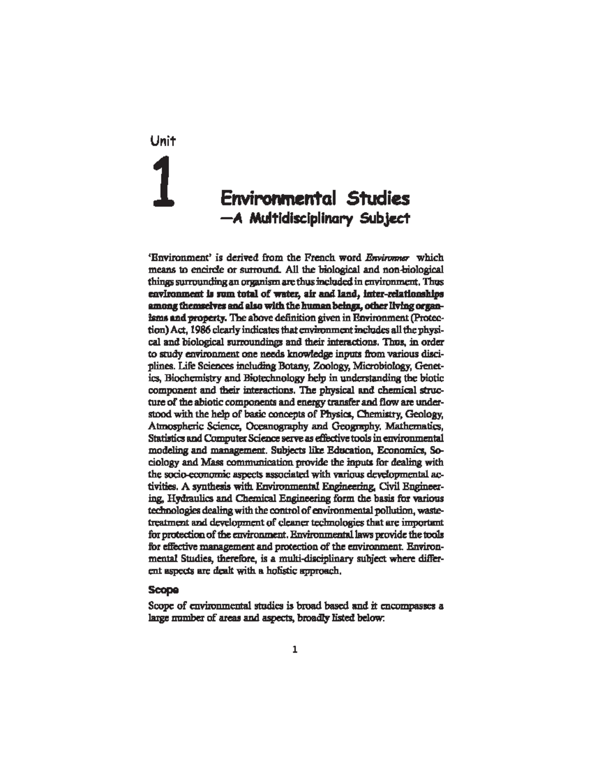 Env. Sci - GJU Unit 1: Introduction to Environmental Studies - Studocu