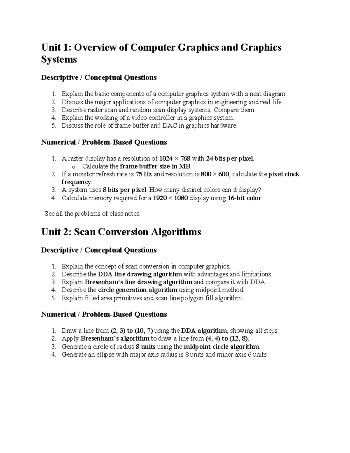 Unit 1-8: Practice Questions on Computer Graphics Concepts and ...